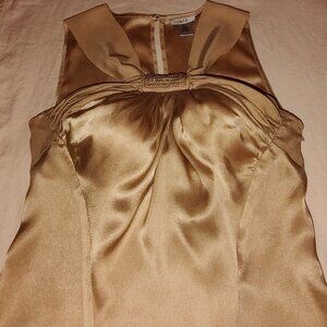 CACHE SILK SLEEVELESS BLOUSE KHAKI ROUCHED FRONT SIDE ZIPPER SIZE SMALL